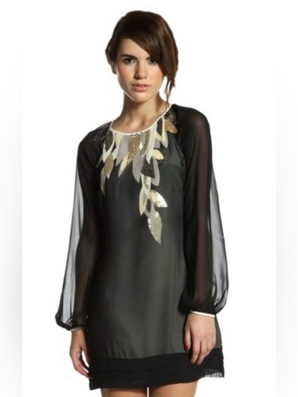 Ted Baker Starion black embellished with gold leaf appliqué dress - size 4